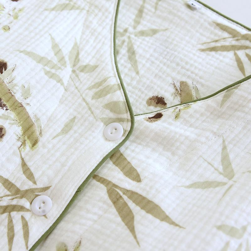 2025 Новый весенне-осенний женский пижамный комплект из 100% хлопкового крепа с длинными рукавами и длинными брюками, комплект из двух предметов с нагрудным ковриком, домашняя одежда