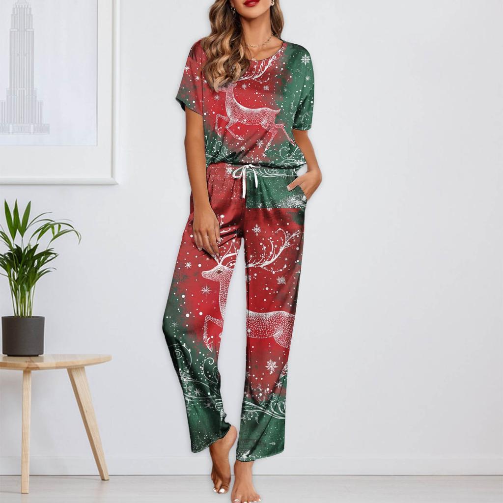 Женский шелковый атласный пижамный комплект с рождественским принтом, рубашка с коротким рукавом и длинные пижамные штаны, мягкая домашняя одежда