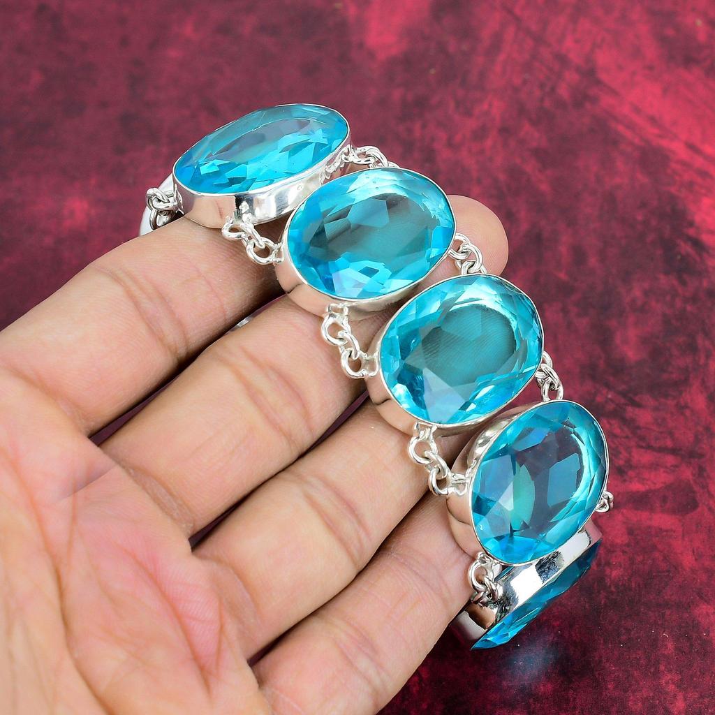 Ювелирные изделия-браслет ручной работы со швейцарским голубым топазом, Ювелирные изделия из стерлингового серебра 925 пробы, Серебряный браслет-цепочка с драгоценными камнями, Стильные украшения ручной работы для нее