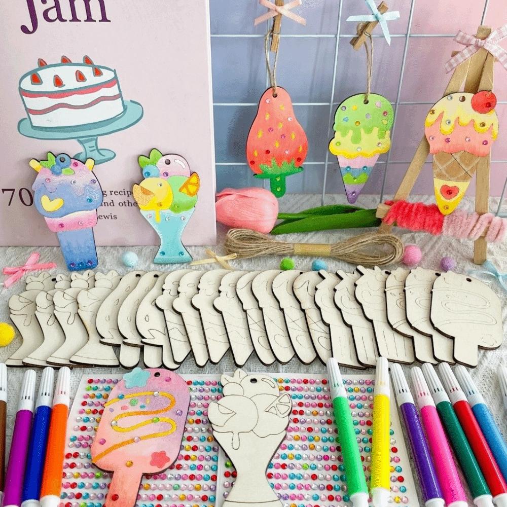 Wooden Ice Cream Graffiti Kit Hanging Decor Ice Cream Pendant DIY Graffiti Set Party Photo Props