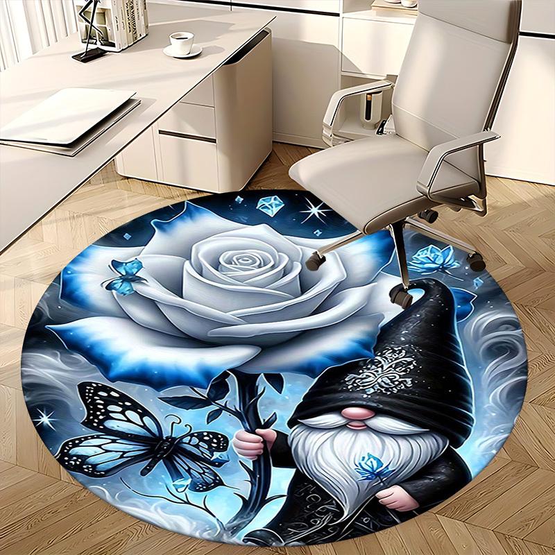 1pc Anime Design Gnome with Blue Rose Round Carpet Office Chair Mat, Non Slip Rug for Home Decor, Gift, Office, Living Room, Bedroom