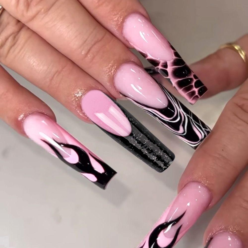 24pcs Manicure Long Almond False Nails Stiletto Stained Love Butterfly Flame Fake Nials Detachable Ballerina Press on Nails DIY