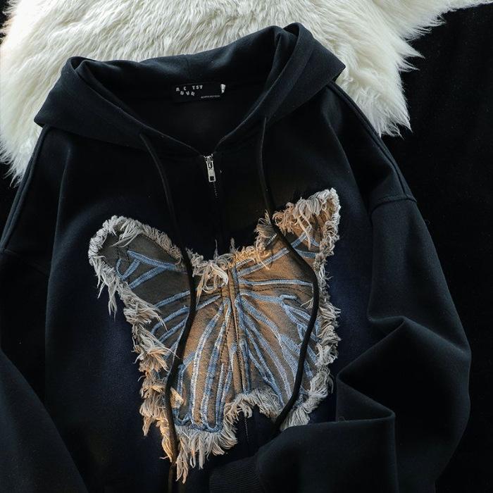 Весенняя тонкая американская уличная толстовка с нашивкой в ​​виде бабочки, женская толстовка Y2k в стиле Харадзюку, свободный топ, куртка