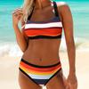 2 шт./компл. женский комплект бикини красочный полосатый принт U-образный вырез контрастного цвета купальный костюм одежда для водных видов спорта