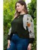 Azura Exchange Green Plus Size Floral Raglan Colorblock Patchwork Knit Blouse