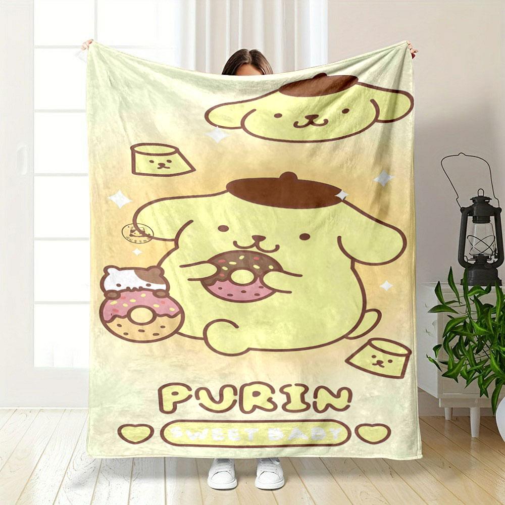 Cute yellow character with brown hat holding donuts, surrounded by sparkles. for all seasons blanket lunch break throw gift