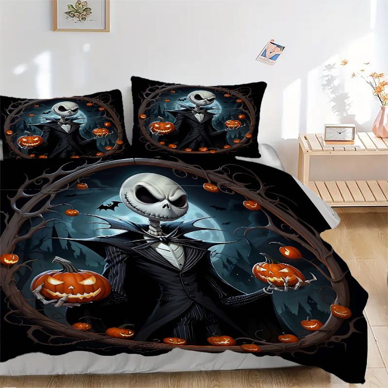 3pcs Happy Halloween Jack Quilt Cover Set (1 Quilt Cover + 2 Pillowcases Without Pillow Core), High-Definition Printing for Home and Dormitory.B0