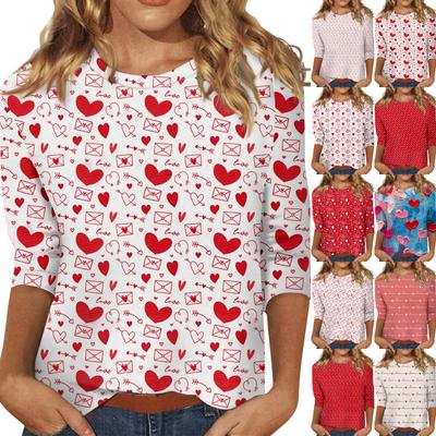 Женские топы с рукавом три четверти, рубашка на День святого Валентина, круглая горловина, свободная повседневная рубашка