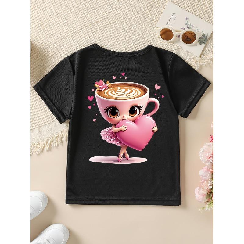European sizes Summer Fashion Girls' Short Sleeve T-Shirt with Double-Sided Print of Italian Brain Corrosion Cartoon Dancing Cappuccino