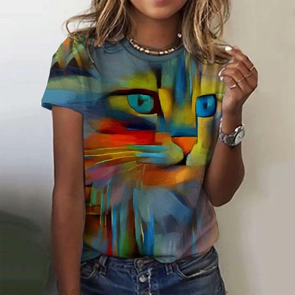 Летняя женская футболка с коротким рукавом и круглым вырезом, с принтом в виде черной кошки, футболка, пуловер, топ, модная уличная женская одежда