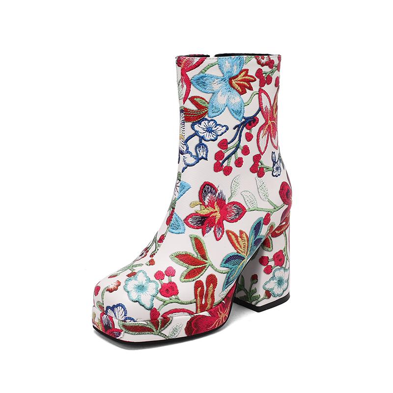 Q/женские короткие ботинки на высоком каблуке, модная водонепроницаемая платформа с принтом, короткие ботинки большого размера на толстом каблуке