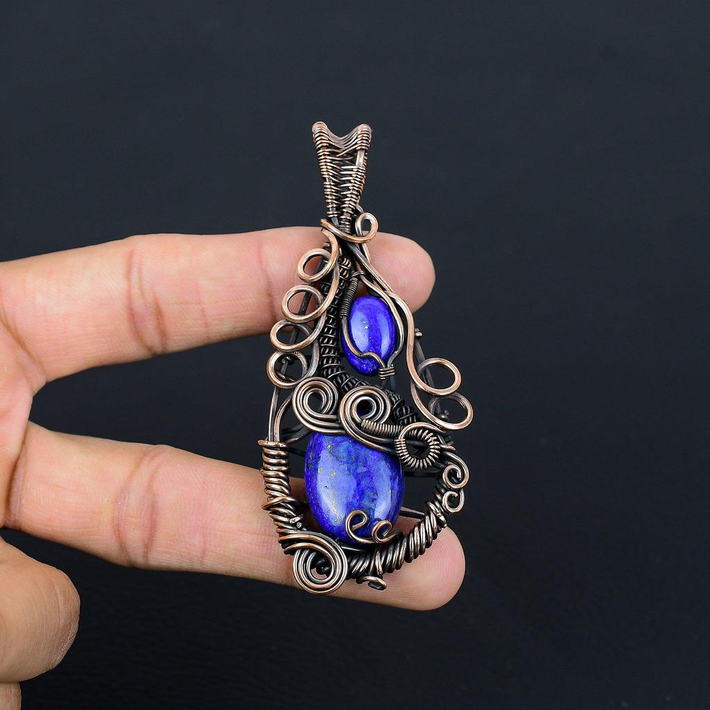 Подвеска из лазурита, ювелирное изделие из драгоценного камня ручной работы, подвеска, обернутая медной проволокой 999 пробы, ювелирная подвеска уникального дизайна