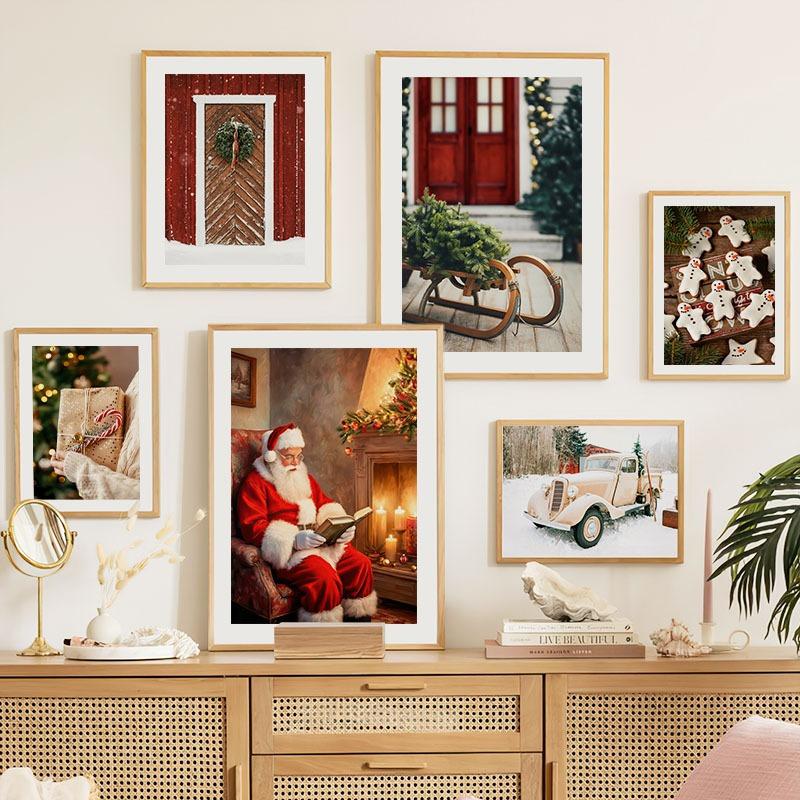 Санта-Клаус Рождественская елка Машина Носки Подарочные настенные картины на холсте Плакаты и принты Настенные картины для гостиной Домашний декор