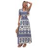European and American fashion vacation dress V-neck short-sleeved long dress waist hollow lace-up dress