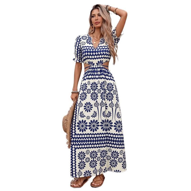 European and American fashion vacation dress V-neck short-sleeved long dress waist hollow lace-up dress