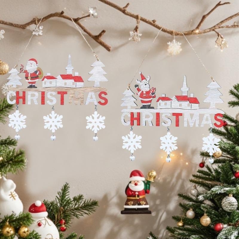 Christmas wooden letter decorations, Santa Claus snowman reindeer snowflake bell pendants, holiday door and window decorations