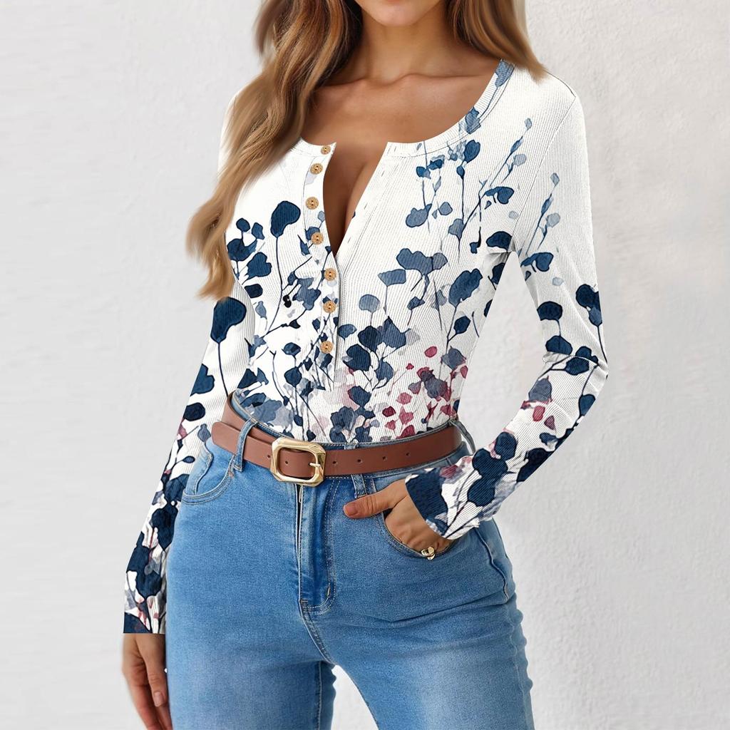 Women's Slim Bottom T-shirt Fashion Casual Gradient Printing Round Neck Pullover Long Sleeve Top