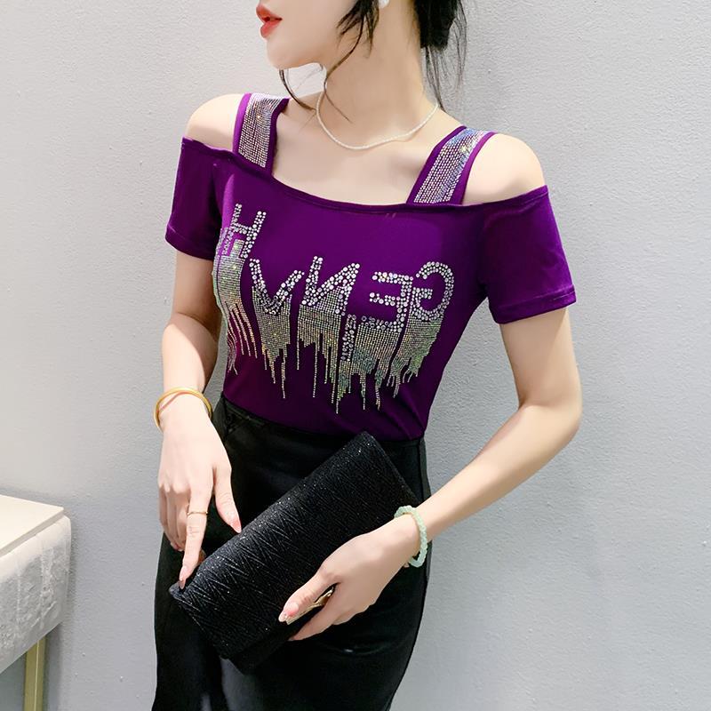 Лето 2024 Блузка с открытыми плечами и открытой спиной из двойного слоя ледяного шелка со стразами