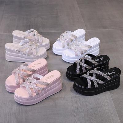 Летняя новая мода стразы танкетка водонепроницаемая платформа высокий каблук крутые шлепанцы женская обувь