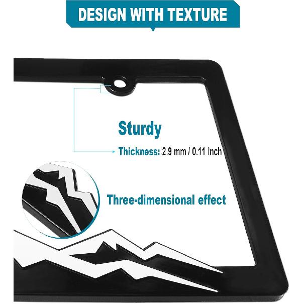 Рамки для номерных знаков с горами - Белые на черном 3D объемные горы, ABS пластиковый держатель для автомобильного номера | Включает нержавеющие винты, заглушки и бесплатную виниловую наклейку