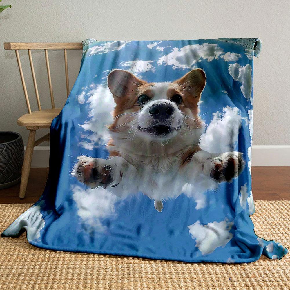 "Corgi Jumping in Blue Sky with Clouds" Patterned blanket, flannel, suitable for all seasons, home decor, warm and cozy