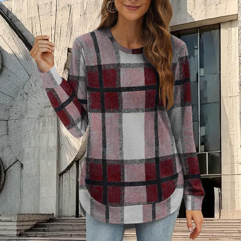 2026 Women's Casual Loose Plaid Long Sleeves Round Neck Irregular Bottled Shirt Top