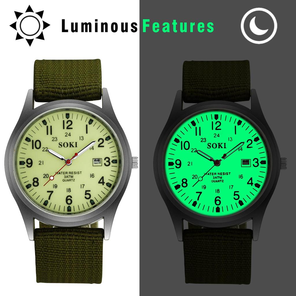 Arabic Imitation Military Luminous Large Nylon Green Men's Wristwatch, Waterproof, Luminous Numerals, Exquisite, Watch, Outdoor, 24-Hour Pointer,