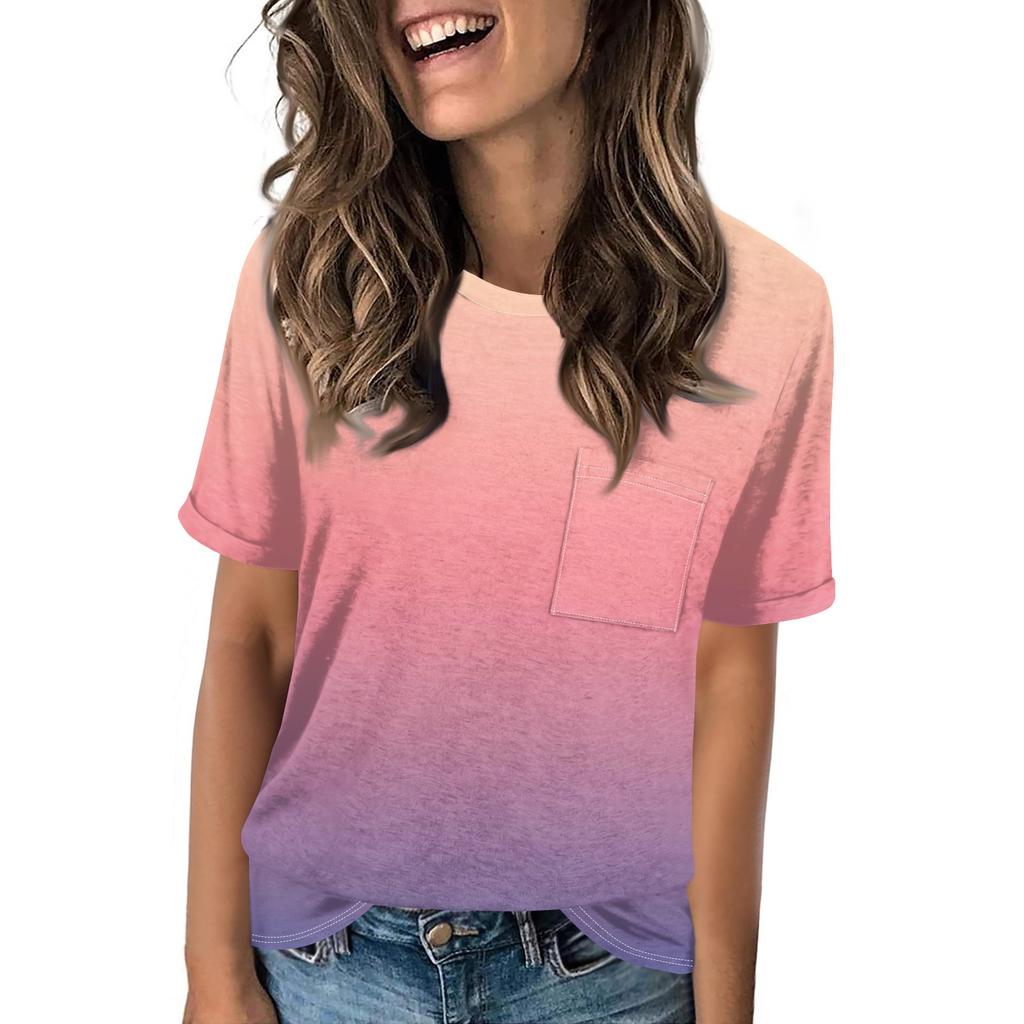 Women's Pocket Gradient Print Summer Short Sleeve Round Neck Casual Loose T-shirt Top