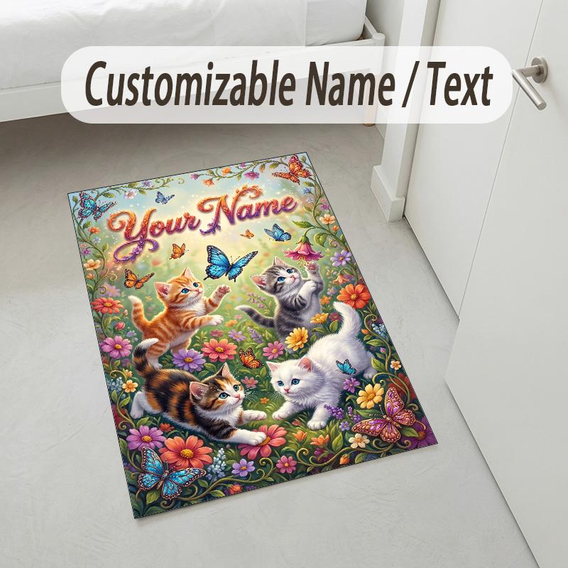Cat Theme Crystal Velvet Rug Personalized Custom Name Text Soft Floor Mat Home Decor