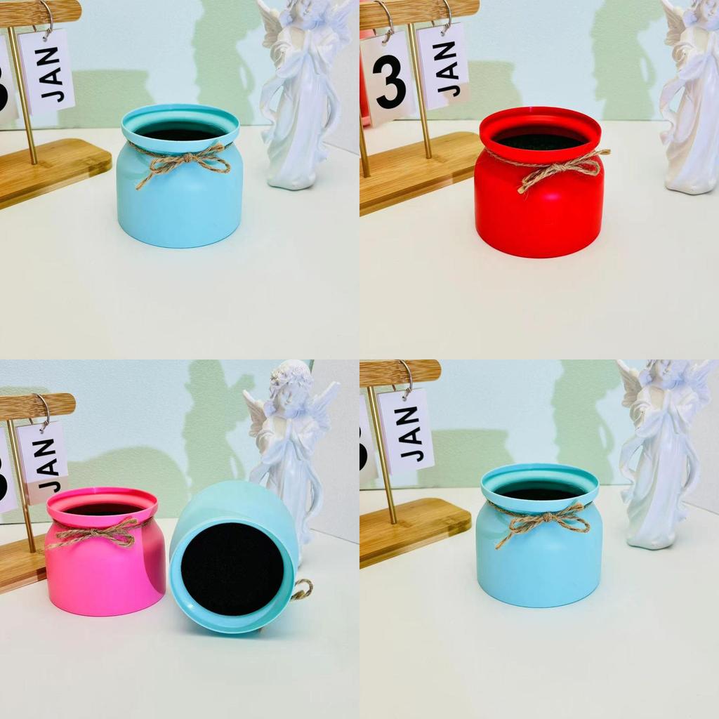 Plastic Flower Pot With Macaron Color Edging And Butterfly Bow For Hotel Wedding Decor Faux Plant Display