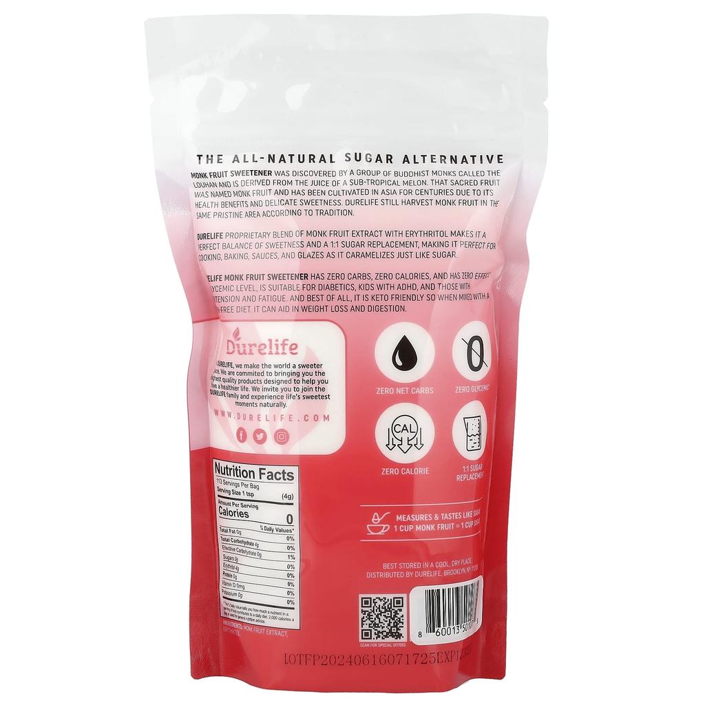 DURELIFE NUTRITION LLC, Erythritol Blend Monk Fruit, Classic, 453g (1lb)
