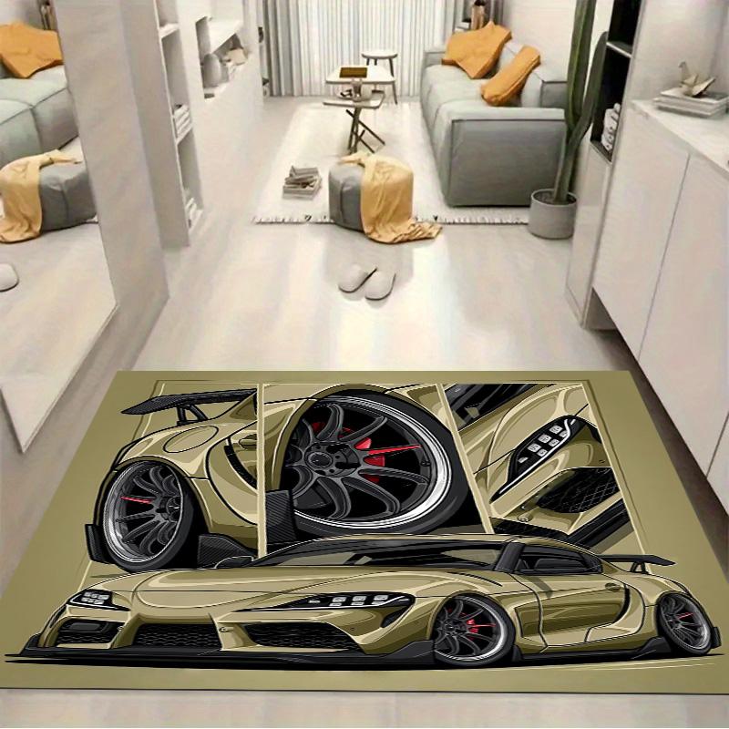 Khaki Gold Tuned Supercar Wheel Detail Comic Print Area Rug Non‑Slip Rectangular Floor Mat Auto Fan Decor for Gaming Bedroom Living Room