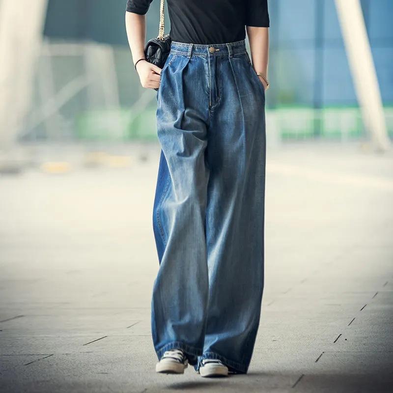 Nostalgic Jeans, Retro High Waisted Slimming Fashion Women's Wide Leg Pants, Loose Casual Pants, Denim Pants