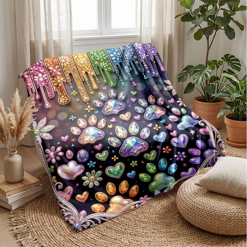Rainbow Gemstone Paw Prints Theme blanket Lightweight Warm Flannel Blanket Decorative Throw Blanket for Home Decoration