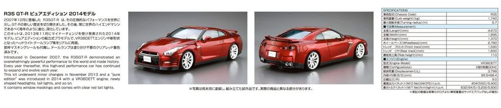 AOSHIMA The Model Car Series Nissan R35 Pure Edition 2014 Plastic Model 1/24 No.3 GT-R