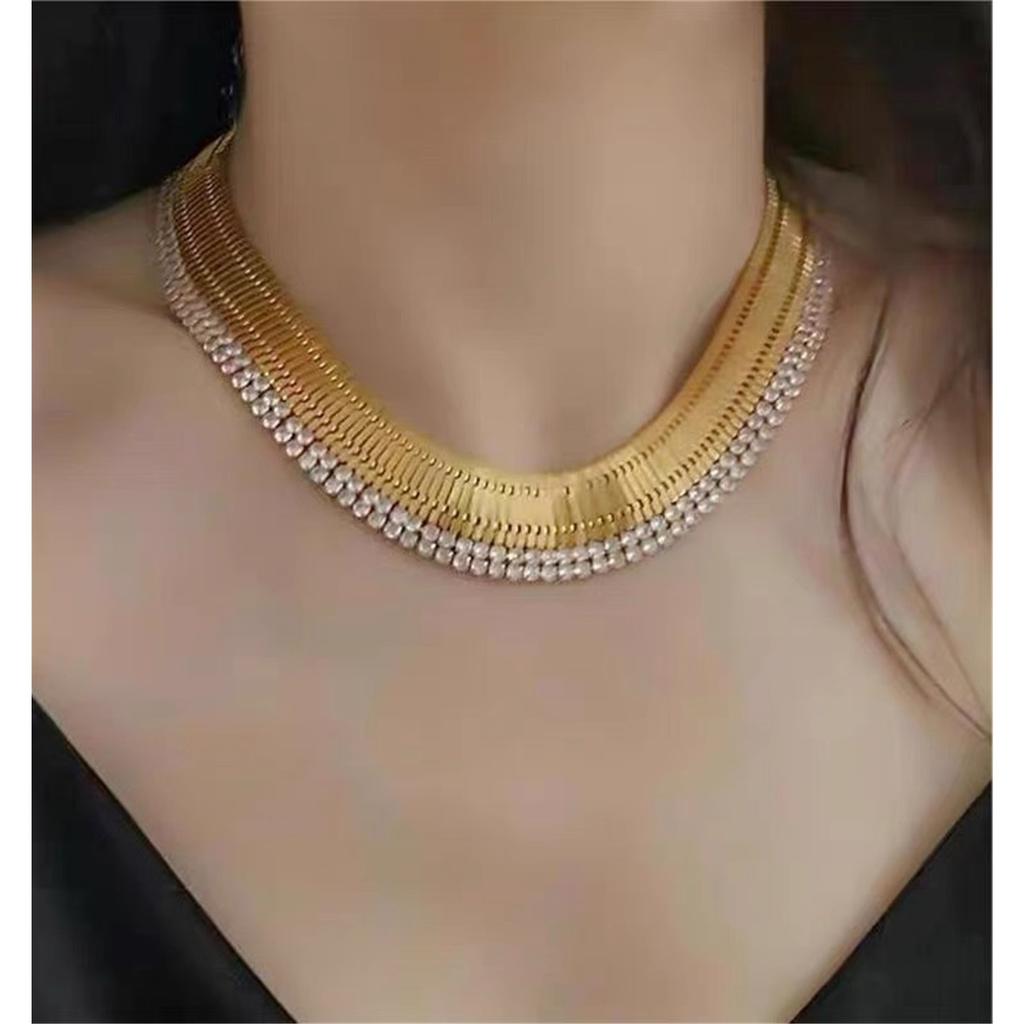 Tooxika Exaggerated Personality Wide Version Of The Strap Chain With Diamonds Necklace Light Luxury Temperament Choker Collarbone Chain Necklace