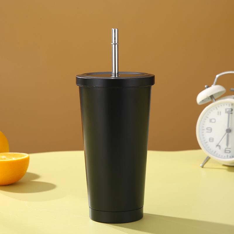 Кружка для кофе из нержавеющей стали с двойной изоляцией, соломинкой и крышкой, большая емкость для воды, бытовая высококачественная удобная посуда для питья