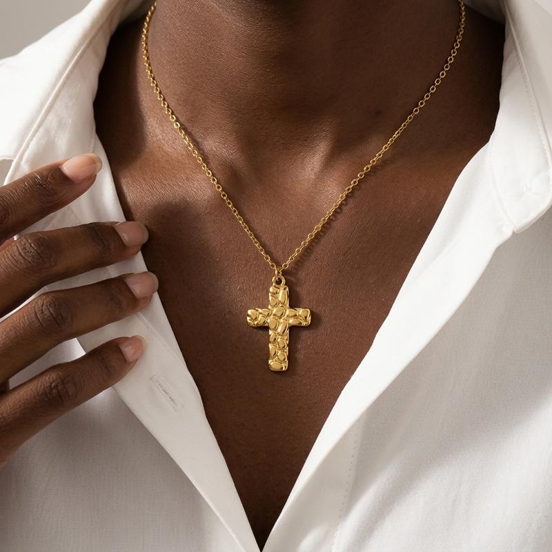 Stainless Steel Starfish Conch Necklace for Women Delicate Vintage Hammered Cross Pendant Necklace Casual Versatile Jewelry Gift