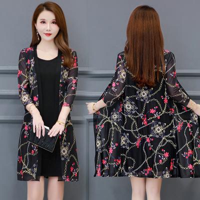 Женский легкий дышащий кружевной кардиган с принтом, солнцезащитная куртка средней длины, легкий кардиган большого размера