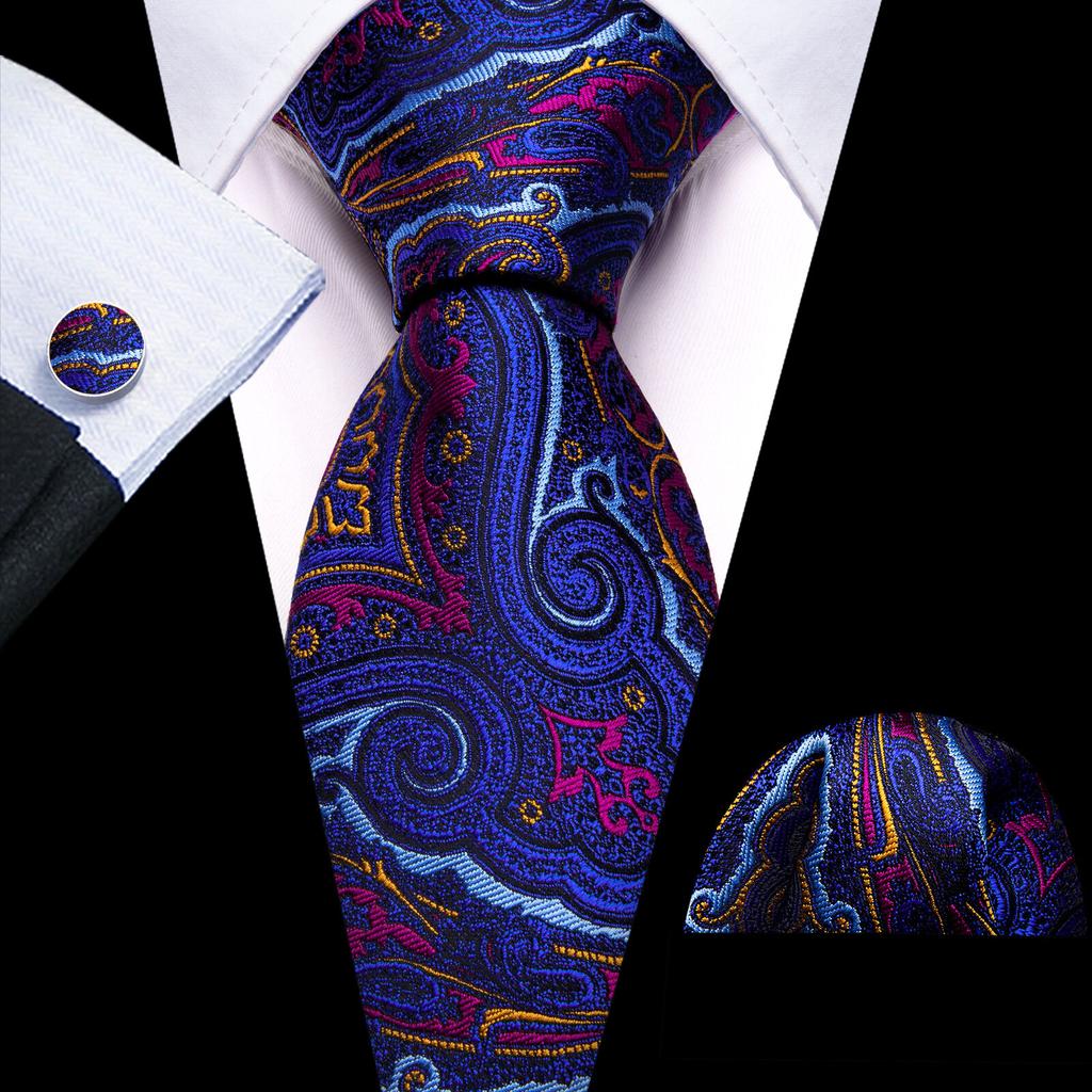 Barry.Wang Classic Tie for Men Woven Silk Striped Neckties Handkerchief Set Cufflinks Formal Casual