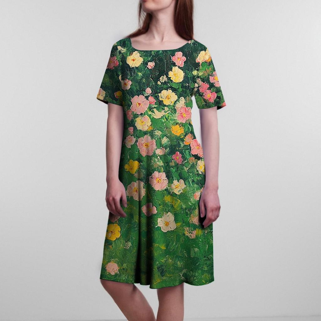 Женское свободное повседневное и модное платье с круглым вырезом и короткими рукавами, средней длины с принтом
