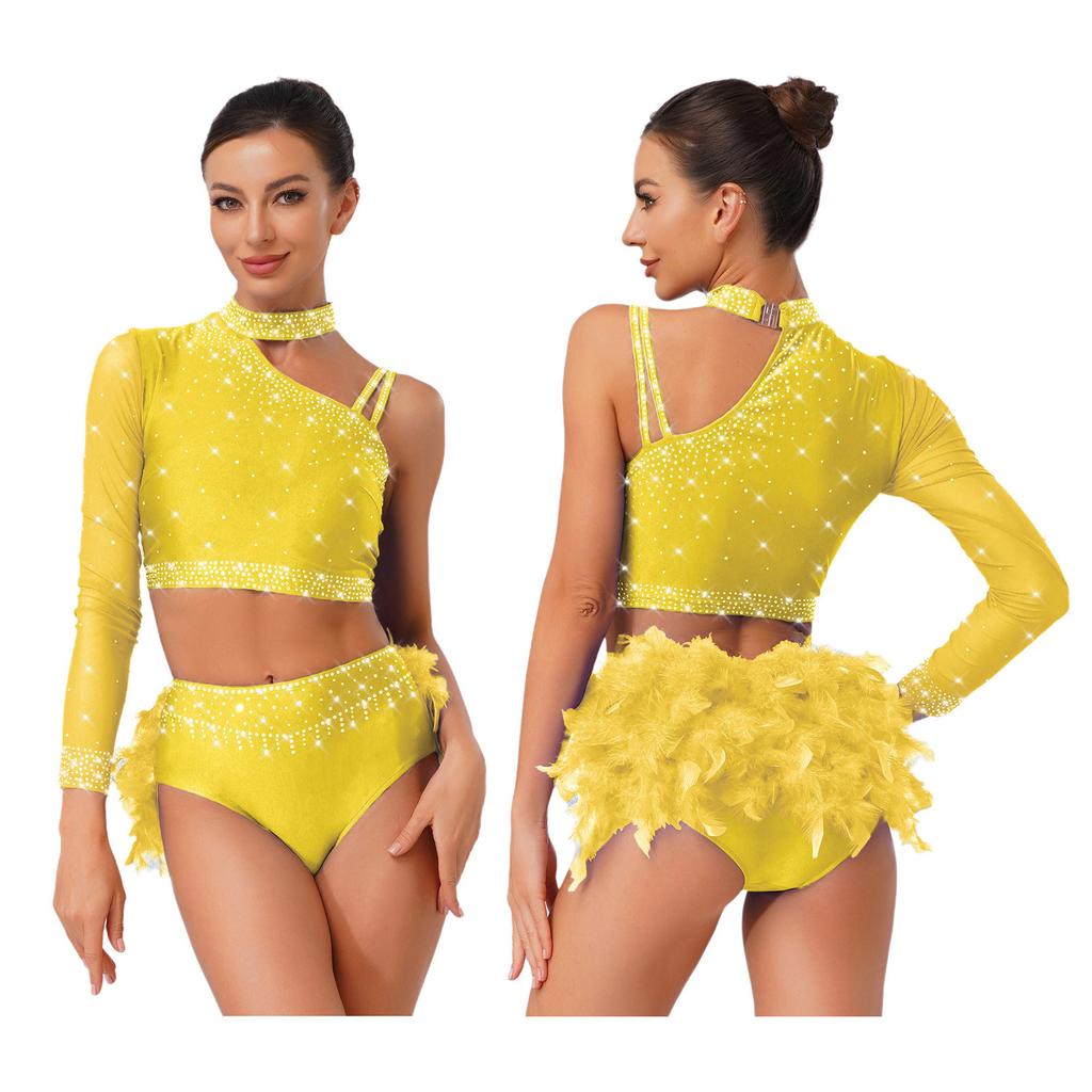 Комплект из 2 предметов для латиноамериканских танцев для женщин - Блестящий кроп-топ на одно плечо со стразами и трусы с перьями сзади для ча-ча, танго, танца живота