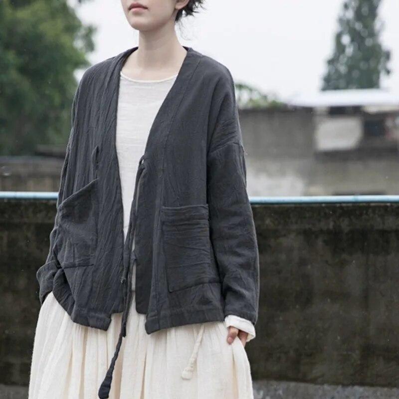 Johnature Women Chinese Style Bandage Jackets Solid Color V-Neck Long Sleeve Coats Cotton Linen Vintage Fall Women Jackets