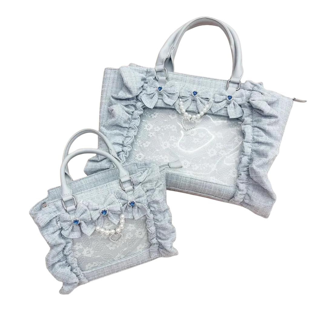 Jan étoile Ita Bag, All Lace, Ribbon, Pearl, and Ruffle Design, Feminine Handbag for Women, Large Capacity Shoulder Bag, Transparent, Stylish, Cute,