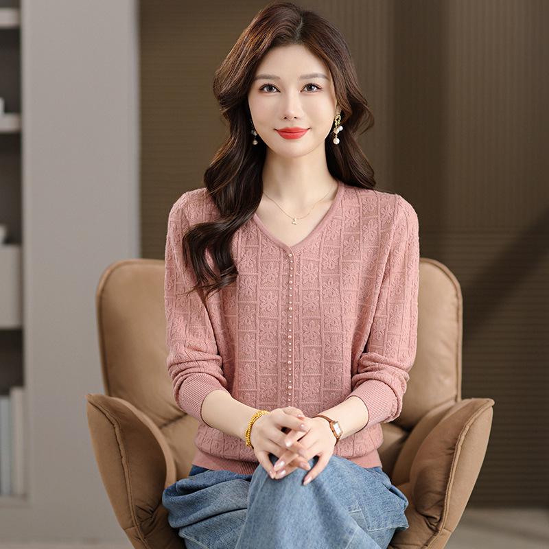 Мамин осенний трикотажный свитер с V-образным вырезом: Модный, Свободный, Теплый Топ для Женщин Среднего и Пожилого Возраста