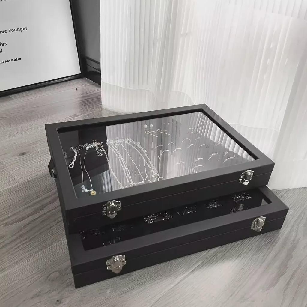 Черная бархатная шкатулка для украшений с решеткой и крышкой — высококачественное пыленепроницаемое хранилище для ожерелий, колец и сережек