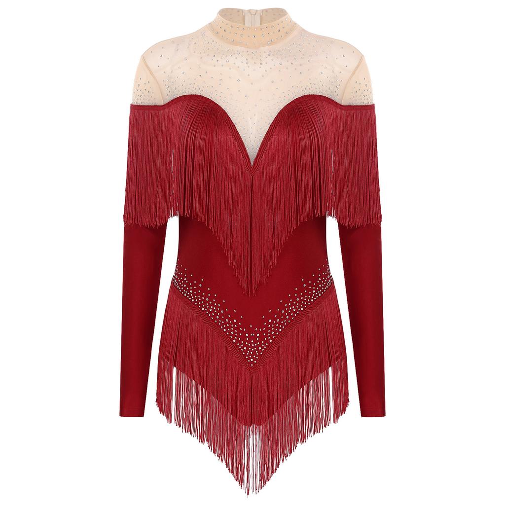 Женский латинский купальник с бахромой, воротником-стойкой, сетчатыми длинными рукавами, блестящими стразами, боди с бахромой