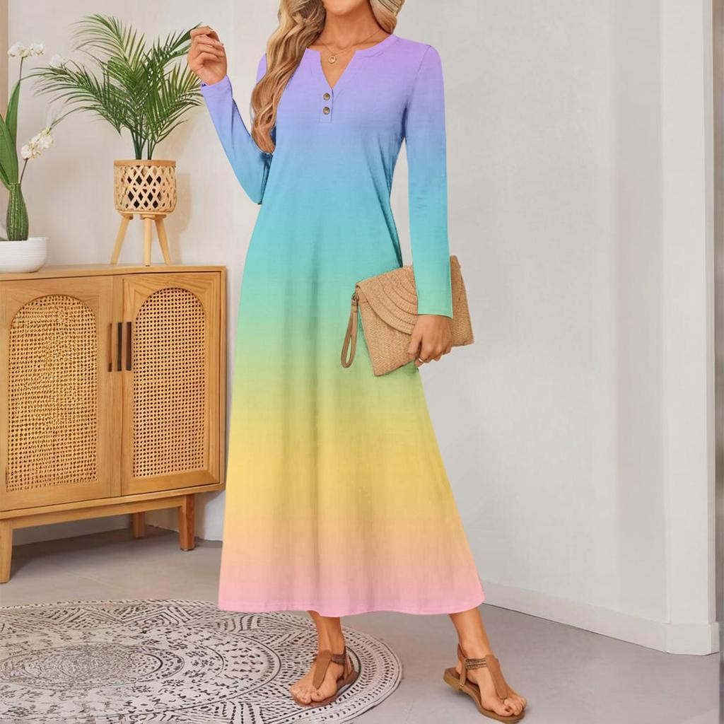 Women Gradient Print Long-sleeved Comfortable Loose Dress Elegant Dress