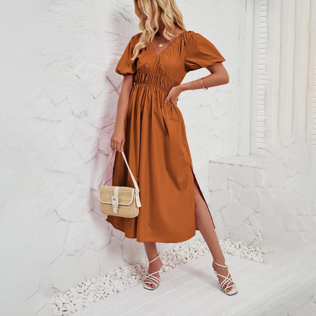 Летнее женское модное однотонное плиссированное платье с коротким рукавом длиной до щиколотки без бретелек