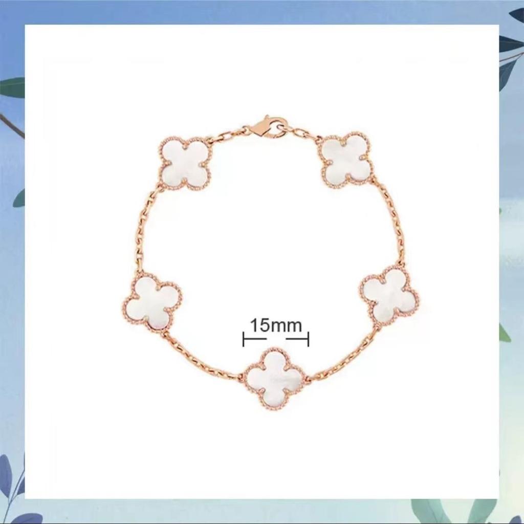 Браслет с четырехлистным клевером и пятью цветами, женский, 18k, с цветком удачи, с белым перламутром